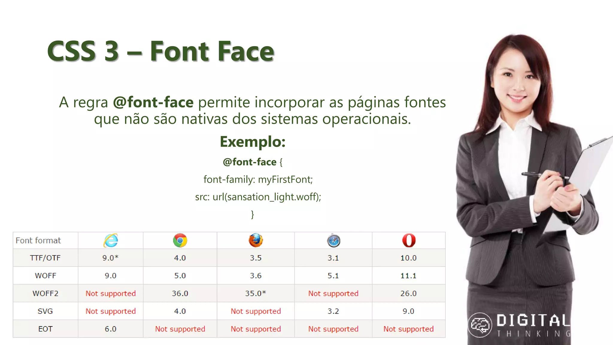 CSS 3 – Font Face A regra @font-face permite incorporar as páginas fontes que não são nativas dos sistemas operacionais. Exemplo: @font-face { font-family: myFirstFont; src: url(sansation_light.woff); } 