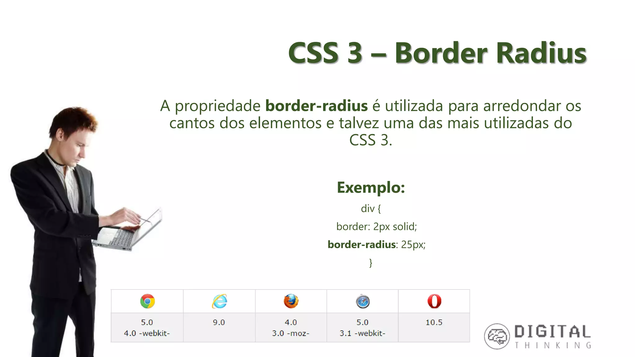 CSS 3 – Border Radius A propriedade border-radius é utilizada para arredondar os cantos dos elementos e talvez uma das mais utilizadas do CSS 3. Exemplo: div { border: 2px solid; border-radius: 25px; } 