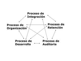 Proceso de Integración  Proceso de Desarrollo Proceso de Auditoria Proceso de Retención Proceso de Organización 
