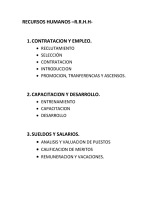 RECURSOS HUMANOS –R.R.H.H-
1.CONTRATACION Y EMPLEO.
RECLUTAMIENTO
SELECCIÓN
CONTRATACION
INTRODUCCION
PROMOCION, TRANFERENCIAS Y ASCENSOS.
2.CAPACITACION Y DESARROLLO.
ENTRENAMIENTO
CAPACITACION
DESARROLLO
3.SUELDOS Y SALARIOS.
ANALISIS Y VALUACION DE PUESTOS
CALIFICACION DE MERITOS
REMUNERACION Y VACACIONES.
 