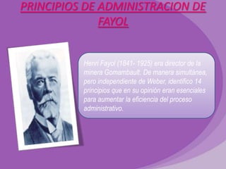 PRINCIPIOS DE ADMINISTRACION DE
FAYOL
Henri Fayol (1841- 1925) era director de la
minera Gomambault. De manera simultánea,
pero independiente de Weber, identifico 14
principios que en su opinión eran esenciales
para aumentar la eficiencia del proceso
administrativo.

 