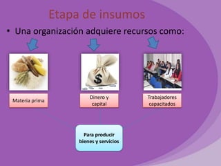 Etapa de insumos
• Una organización adquiere recursos como:

Materia prima

Dinero y
capital

Para producir
bienes y servicios

Trabajadores
capacitados

 