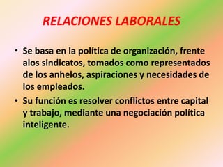RELACIONES LABORALES
• Se basa en la política de organización, frente
alos sindicatos, tomados como representados
de los anhelos, aspiraciones y necesidades de
los empleados.
• Su función es resolver conflictos entre capital
y trabajo, mediante una negociación política
inteligente.
 