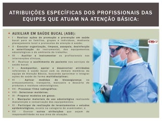  AUXILIAR EM SAÚDE BUCAL (ASB):
 I - R ealizar ações de promoção e prevenção em saúde
bucal para as famíl ias, g rupos e indiví duos, mediante
pl anejamento l o cal e pro tocolos de a tenção à sa úde;
 II - Executar organização, lim peza, assepsia , desinfecção
e esterilização do instrumental, dos equipamentos
o dontológi cos e do a m biente de tra balho;
 III - Auxiliar e instrumentar os profissionais nas
i ntervenções cl í nicas,
 IV - Realizar o acolhim ento do paciente nos serviços de
sa úde bucal ;
 V - Acompanhar, apo iar e desenvo lver atividades
referentes à saúde bucal com os demais membros da
equi pe de Atenção Básica, buscando aproximar e integrar
ações de saúde de forma m ultidisciplinar ;
 VI - Aplicar medidas de biosseg urança no
armazenamento, transporte, manuseio e descarte de
pro dutos e resí duos o dontológ icos ;
 V II - P rocessar f i lm e r a diográfico ;
 V III - S e lecionar m o ldeiras;
 IX - P reparar m o delos e m g esso;
 X - Manipular materiais de uso odontológico realizando
m anutenção e co nservação do s equipamentos ;
 XI - Participar da rea lização de levantamentos e estudos
e p idemiológicos , exceto n a ca tegoria de examinador ; e
 XII - Exercer outras atribuições que sejam de
responsabil idade n a sua á rea de a tuação.
ATRIBUIÇÕES ESPECÍFICAS DOS PROFISSIONAIS DAS
EQUIPES QUE ATUAM NA ATENÇÃO BÁSICA:
 