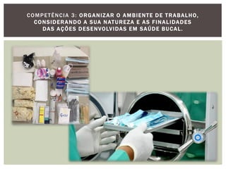 COMPETÊNCIA 3: ORGANIZAR O AMBIENTE DE TRABALHO,
CONSIDERANDO A SUA NATUREZA E AS FINALIDADES
DAS AÇÕES DESENVOLVIDAS EM SAÚDE BUCAL.
 