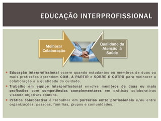  Educação interprofissional ocorre quando estudantes ou membros de duas ou
mais profissões aprendem COM, A PARTIR e SOBRE O OUTRO para melhorar a
colaboração e a qualidade do cuidado.
 Trabalho em equipe interprofissional envolve membros de duas ou mais
profissões com competências complementares em práticas colaborativas
visando objetivos comuns.
 Prática colaborativa é trabalhar em parcerias entre profissionais e/ou entre
organizações, pessoas, famílias, grupos e comunidades.
EDUCAÇÃO INTERPROFISSIONAL
Melhorar
Colaboração
Qualidade da
Atenção à
Saúde
 