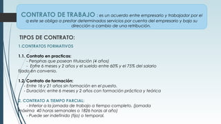 CONTRATO DE TRABAJO : es un acuerdo entre empresario y trabajador por el
q este se obliga a prestar determinados servicios por cuenta del empresario y bajo su
dirección a cambio de una retribución.
TIPOS DE CONTRATO:
1.CONTRATOS FORMATIVOS
1.1. Contrato en practicas:
- Personas que posean titulación (4 años)
- Entre 6 meses y 2 años y el sueldo entre 60% y el 75% del salario
fijado en convenio.
1.2. Contrato de formación:
- Entre 16 y 21 años sin formación en el puesto.
- Duración; entre 6 meses y 2 años con formación práctica y teórica
2. CONTRATO A TIEMPO PARCIAL:
- Inferior a la jornada de trabajo a tiempo completo. (jornada
máxima 40 horas semanales o 1826 horas al año)
- Puede ser indefinido (fijo) o temporal.
 