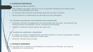 3. CONTRATOS TEMPORALES.
3.1. Contrato de obra o servicio
 Para realizar una obra o servicio con una duración limitada en el tiempo pero
incierta. Por ej Realizar una obra
 La duración del contrato es el tiempo que dure la obra o servicio.
 Tienen derecho a indemnización de 8 días por año trabajado
3.2. Contrato eventual por circunstancias de la producción
 Finalidad: atender las exigencias circunstanciales del mercado, acumulación de
tareas o exceso de pedidos. Por ej. Campaña de Navidad
 Duración máxima 6 meses dentro de cada año.
3.3. Contrato de sustitución o interinidad
 Su objeto es sustituir a trabajadores que tiene derecho a que se les guarde o reserve
su puesto de trabajo. Ej Baja por maternidad.
 Duración mientras dure la baja.
4. CONTRATO INDEFINIDO
Son aquellos que no tienen una finalización concreta en el tiempo, es lo que se
denomina un contrato fijo.
 