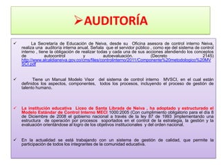 AUDITORÍA
         La Secretaría de Educación de Neiva, desde su Oficina asesora de control interno Neiva,
    realiza una auditoría interna anual. Señala que el servidor público , como eje del sistema de control
    interno , tiene la obligación de realizar todas y cada una de sus acciones atendiendo los conceptos
    de           autocontrol          y          autoevaluación.        (Decreto                   2145)
    http://www.alcaldianeiva.gov.co/cms/files/controlinterno/2011/Componente%20metodologico%20MV
    SCI.pdf


         Tiene un Manual Modelo Visor del sistema de control interno MVSCI, en el cual están
    definidos los aspectos, componentes, todos los procesos, incluyendo el proceso de gestión de
    talento humano.



   La institución educativa Liceo de Santa Librada de Neiva , ha adoptado y estructurado el
    Modelo Estándar de Control Interno MECI 1000:2005 (Con cumplimiento obligatorio para el día 8
    de Diciembre de 2008 el gobierno nacional a través de la ley 87 de 1993 )implementando una
    estructura de operación por procesos soportados en el control de la estrategia, la gestión y la
    evaluación orientándose al logro de los objetivos institucionales y del orden nacional.


   En la actualidad se está trabajando con un sistema de gestión de calidad, que permite la
    participación de todos los integrantes de la comunidad educativa.
 