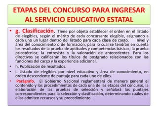 ETAPAS DEL CONCURSO PARA INGRESAR
    AL SERVICIO EDUCATIVO ESTATAL
• g. Clasificación.        Tiene por objeto establecer el orden en el listado
  de elegibles, según el mérito de cada concursante elegible, asignando a
  cada uno un lugar dentro del listado para cada clase de cargo,      nivel y
  área del conocimiento o de formación, para lo cual se tendrán en cuenta
  los resultados de la prueba de aptitudes y competencias básicas; la prueba
  psicotécnica; la entrevista y la valoración de antecedentes. Para los
  directivos se calificarán los títulos de postgrado relacionados con las
  funciones del cargo y la experiencia adicional.
• h. Publicación de resultados.
• i. Listado de elegibles por nivel educativo y área de conocimiento, en
  orden descendente de puntaje para cada uno de ellos.
• Parágrafo. El Gobierno Nacional reglamentará de manera general el
  contenido y los procedimientos de cada una de las etapas del concurso, la
  elaboración de las pruebas de selección y señalará los puntajes
  correspondientes para la selección y clasificación, determinando cuáles de
  ellas admiten recursos y su procedimiento.
 