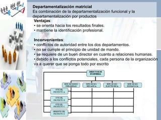 Departamentalización matricial
Es combinación de la departamentalización funcional y la
departamentalización por productos
Ventajas:
• se orienta hacia los resultados finales.
• mantiene la identificación profesional.
Inconvenientes:
• conflictos de autoridad entre los dos departamentos.
• no se cumple el principio de unidad de mando.
• se requiere de un buen director en cuanto a relaciones humanas.
• debido a los conflictos potenciales, cada persona de la organización
va a querer que se ponga todo por escrito
 
