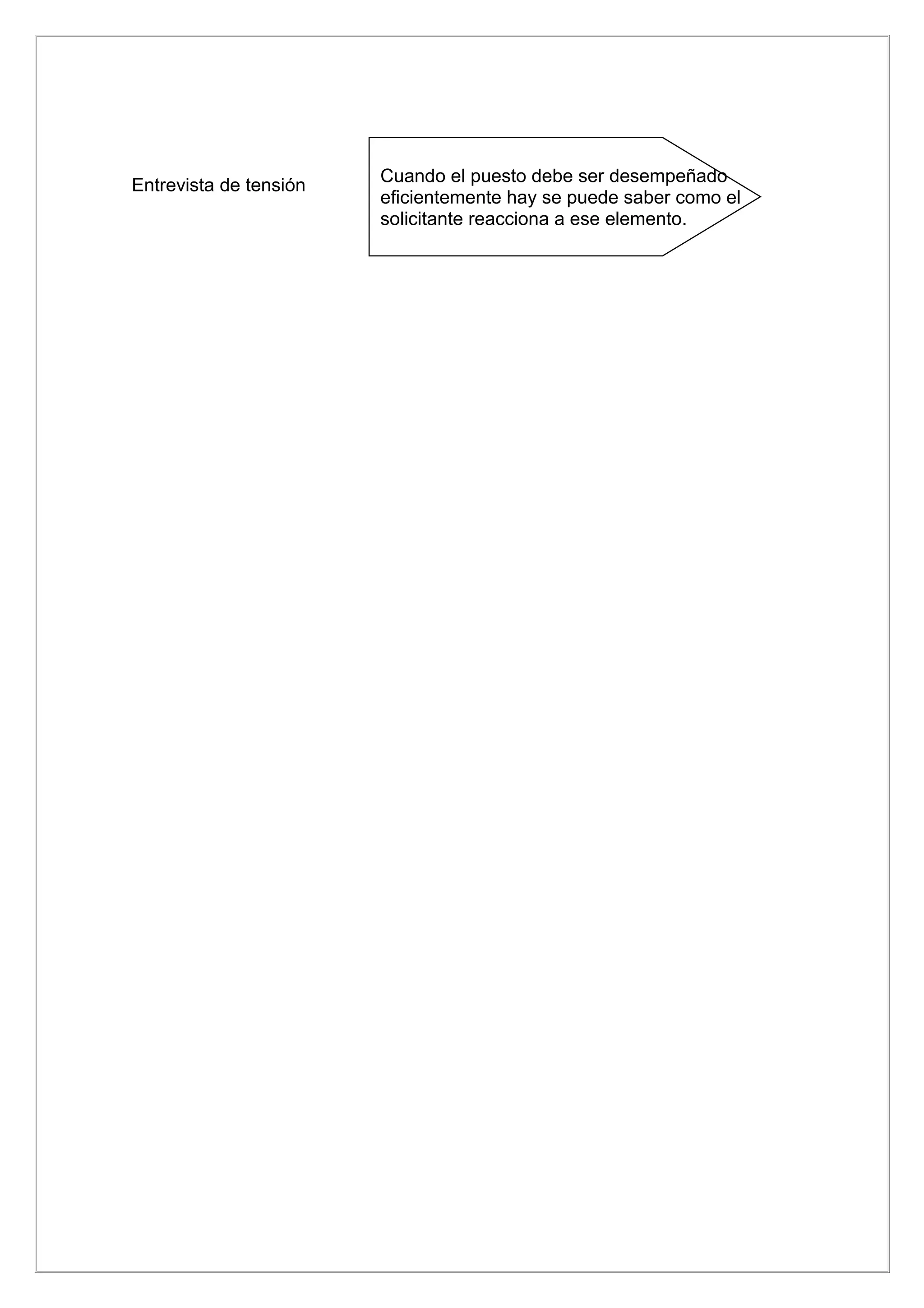 Entrevista de tensión   Cuando el puesto debe ser desempeñado
                        eficientemente hay se puede saber como el
                        solicitante reacciona a ese elemento.
 