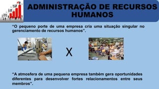 ADMINISTRAÇÃO DE RECURSOS 
HUMANOS 
“O pequeno porte de uma empresa cria uma situação singular no 
gerenciamento de recursos humanos”. 
X 
“A atmosfera de uma pequena empresa também gera oportunidades 
diferentes para desenvolver fortes relacionamentos entre seus 
membros”. 
 