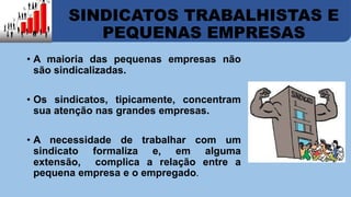 SINDICATOS TRABALHISTAS E 
PEQUENAS EMPRESAS 
• A maioria das pequenas empresas não 
são sindicalizadas. 
• Os sindicatos, tipicamente, concentram 
sua atenção nas grandes empresas. 
• A necessidade de trabalhar com um 
sindicato formaliza e, em alguma 
extensão, complica a relação entre a 
pequena empresa e o empregado. 
 