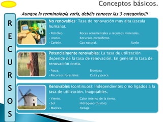 Potencialmente renovables: La tasa de utilización
depende de la tasa de renovación. En general la tasa de
renovación corta...