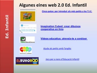 Algunes eines web 2.0 Ed. Infantil
                          Cinco patas: per introduir als més petits a les T.I.C.
Ed. Infantil



                         Imagination Cubed: crear dibuixos
                         cooperatius en línia


                         Vídeos educatius: atreveix-te a conèixer



                           Ajuda als petits amb l’anglès



                              Jocs per a nens d’Educació Infantil
 