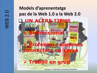 WEB 2.0   Models d’aprenentatge
          pas de la Web 1.0 a la Web 2.0
           UN ALTRE TIPUS

             Bidireccional

             Professor i alumnes
            connectats en xarxa

             Treball en grup
 