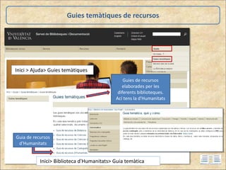 Guies temàtiques de recursos
Guies de recursos
elaborades per les
diferents biblioteques.
Ací tens la d'Humanitats
Inici > Ajuda> Guies temàtiques
Inici> Biblioteca d'Humanitats> Guia temàtica
Guia de recursos
d'Humanitats
 