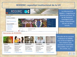 RODERIC: repositori institucional de la UV
La informació en
Roderic s'organitza en
diverses seccions. En
les de Docència i
Investigació pots
trobar material molt
útil per als teus
estudis.
Una altra de les seccions
a destacar és SOMNI:
una col·lecció digital de
fons històrics que
posseeix la Universitat
(Incunables, fons del s.
XVI al XVIII, etc.)
 