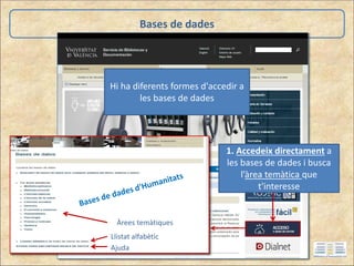 Bases de dades
Hi ha diferents formes d'accedir a
les bases de dades
1. Accedeix directament a
les bases de dades i busca
l’àrea temàtica que
t'interesse
Àrees temàtiques
Llistat alfabètic
Ajuda
 