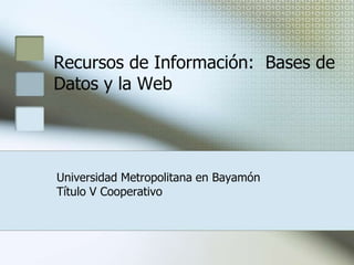 Recursos de Información:  Bases de Datos y la Web   Universidad Metropolitana en Bayamón Título V Cooperativo 