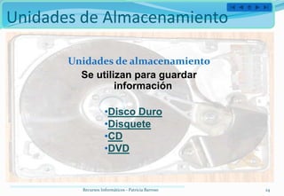 Unidades de Almacenamiento

       Unidades de almacenamiento
         Se utilizan para guardar
                 información

                    •Disco Duro
                    •Disquete
                    •CD
                    •DVD


         Recursos Informáticos - Patricia Barroso   24
 