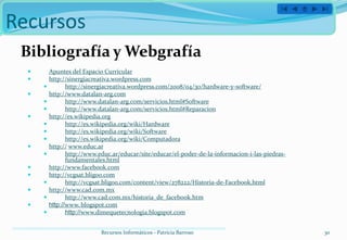 Recursos
 Bibliografía y Webgrafía
         Apuntes del Espacio Curricular
         http://sinergiacreativa.wordpress.com
                http://sinergiacreativa.wordpress.com/2008/04/30/hardware-y-software/
         http://www.datalan-arg.com
                http://www.datalan-arg.com/servicios.html#Software
                http://www.datalan-arg.com/servicios.html#Reparacion
         http://es.wikipedia.org
                http://es.wikipedia.org/wiki/Hardware
                http://es.wikipedia.org/wiki/Software
                http://es.wikipedia.org/wiki/Computadora
         http:// www.educ.ar
                http://www.educ.ar/educar/site/educar/el-poder-de-la-informacion-i-las-piedras-
                 fundamentales.html
         http://www.facebook.com
         http://vcgsat.bligoo.com
                http://vcgsat.bligoo.com/content/view/278222/Historia-de-Facebook.html
         http://www.cad.com.mx
                http://www.cad.com.mx/historia_de_facebook.htm
         http://www. blogspot.com
                http://www.dimequetecnologia.blogspot.com


                             Recursos Informáticos - Patricia Barroso                              30
 