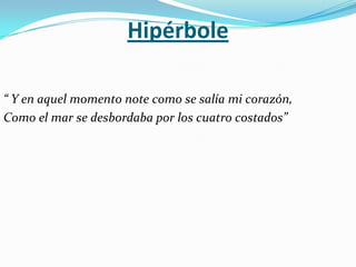 Hipérbole

“ Y en aquel momento note como se salía mi corazón,
Como el mar se desbordaba por los cuatro costados”
 