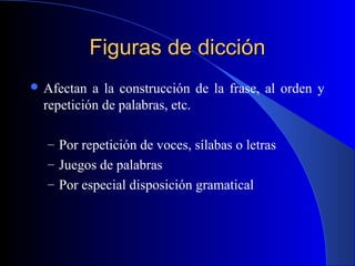 Figuras de dicciónFiguras de dicción
 Afectan a la construcción de la frase, al orden y
repetición de palabras, etc.
– Por repetición de voces, sílabas o letras
– Juegos de palabras
– Por especial disposición gramatical
 