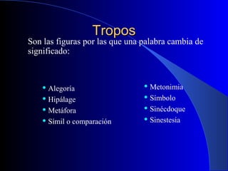 TroposTropos
 Alegoría
 Hipálage
 Metáfora
 Símil o comparación
 Metonimia
 Símbolo
 Sinécdoque
 Sinestesia
Son las figuras por las que una palabra cambia de
significado:
 