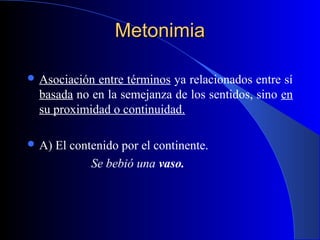 MetonimiaMetonimia
 Asociación entre términos ya relacionados entre sí
basada no en la semejanza de los sentidos, sino en
su proximidad o continuidad.
 A) El contenido por el continente.
Se bebió una vaso.
 