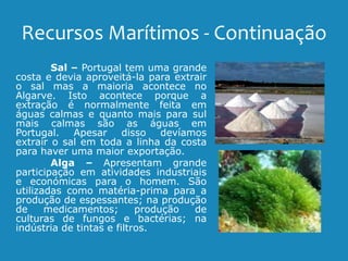 Recursos Marítimos - Continuação
Sal – Portugal tem uma grande
costa e devia aproveitá-la para extrair
o sal mas a maioria acontece no
Algarve. Isto acontece porque a
extração é normalmente feita em
águas calmas e quanto mais para sul
mais calmas são as águas em
Portugal. Apesar disso devíamos
extrair o sal em toda a linha da costa
para haver uma maior exportação.
Alga – Apresentam grande
participação em atividades industriais
e económicas para o homem. São
utilizadas como matéria-prima para a
produção de espessantes; na produção
de medicamentos; produção de
culturas de fungos e bactérias; na
indústria de tintas e filtros.
 