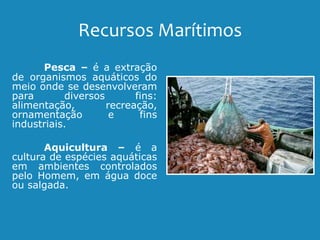 Recursos Marítimos
Pesca – é a extração
de organismos aquáticos do
meio onde se desenvolveram
para diversos fins:
alimentação, recreação,
ornamentação e fins
industriais.
Aquicultura – é a
cultura de espécies aquáticas
em ambientes controlados
pelo Homem, em água doce
ou salgada.
 