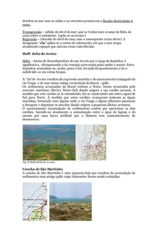 detritos ao mar mas as ondas e as correntes promovem a fixação destes junto á
costa.
Transgressão – subida do nível do mar, que se traduz num avanço da linha de
costa sobre o continente. (opõe-se ao termo:)
Regressão – (descida do nível do mar, com o consequente recuo deste). A
designação “ria” aplica-se a costas de submersão, em que o mar ocupa
atualmente espaços que outrora eram vales fluviais.
Haff- delta de Aveiro
Delta – forma de desembocadura de um rio em que a carga de depósitos é
significativa, ultrapassando a da remoção provocada pelas ondas e marés. Estes
depósitos acumulam-se, assim, junto á foz, levando frequentemente o rio a
subdividir-se em vários braços.
A “ria“de Aveiro resultou da regressão marinha e do assoreamento conjugado do
rio Vouga e do mar numa antiga reentrância do litoral - golfo.
Os sedimentos arrancados do litoral rochoso a Norte, foram arrastados pela
corrente marítima (Deriva Norte-Sul) dando origem a um cordão arenoso. À
medida que este cordão se ia estendendo, foi-se construindo um outro, agora de
Sul para Norte. À medida que estes cordões avançaram isolaram as águas
marinhas, formando uma laguna onde o rio Vouga e alguns afluentes passaram
a desaguar e depositar os aluviões dando origem a pequenas ilhotas arenosas.
O assoreamento (acumulação de sedimentos) acabou por aproximar os dois
cordões, fazendo-se atualmente a comunicação entre a água da laguna e do
oceano por uma barra artificial que o Homem tem constantemente de
desassorear.
Fig. 8 Halff-delta de Aveiro
Concha de São Martinho
A concha de São Martinho é uma pequena baia que resultou da acumulação de
sedimentos num antigo golfo cujas dimensões foram sendo reduzidas.
 