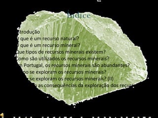 Índice Introdução O que é um recurso natural? O que é um recurso mineral? Que tipos de recursos minerais existem? Como são utilizados os recursos minerais? Em Portugal, os recursos minerais são abundantes? Como se exploram os recursos minerais? Como se exploram os recursos minerais? (II) Quais são as consequências da exploração dos recursos minerais? Conclusão Bibliografia 