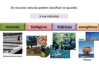 Os recursos naturais podem classificar-se quando:

                                à sua natureza


   minerais                biológicos        hídricos        energéticos


                                                             Vento.




Salinas da Ria de Aveiro

                                                                 Petróleo.
 