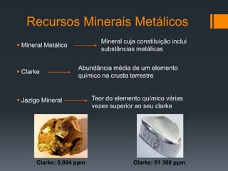 Recursos Minerais Metálicos
 Clarke
Abundância média de um elemento
químico na crusta terrestre
Teor do elemento químico várias
vezes superior ao seu clarke
 Jazigo Mineral
 Mineral Metálico
Mineral cuja constituição inclui
substâncias metálicas
Clarke: 0,004 ppm Clarke: 81 300 ppm
 