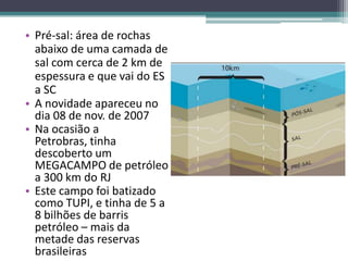 • Pré-sal: área de rochas
  abaixo de uma camada de
  sal com cerca de 2 km de
  espessura e que vai do ES
  a SC
• A novidade apareceu no
  dia 08 de nov. de 2007
• Na ocasião a
  Petrobras, tinha
  descoberto um
  MEGACAMPO de petróleo
  a 300 km do RJ
• Este campo foi batizado
  como TUPI, e tinha de 5 a
  8 bilhões de barris
  petróleo – mais da
  metade das reservas
  brasileiras
 