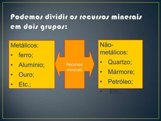 Os recursos minerais extraem-se a partir das
rochas da crosta terrestre, e a sua extração só é
possível quando as substânc...