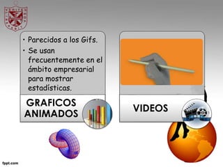 • Parecidos a los Gifs.
• Se usan
frecuentemente en el
ámbito empresarial
para mostrar
estadísticas.
GRAFICOS
ANIMADOS
VIDEOS
 