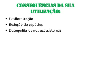 Consequências da sua utilização:DesflorestaçãoExtinção de espéciesDesequilíbrios nos ecossistemas