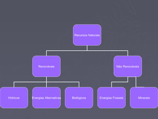 Recursos Naturais




               Renováveis                                      Não Renováveis




Hídricos   Energias Alternativas   Biológicos       Energias Fosseis        Minerais
 