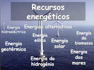 Recursos
             energéticos
   Energia Energias   alternativas
hidroeléctrica                        Energia
              Energia
                                        da
               eólica Energia
  Energia                            biomassa
                         solar
geotérmica
                                 Energia
              Energia do           dos
              hidrogénio          mares
 