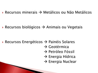  Recursos minerais  Metálicos ou Não Metálicos
 Recursos biológicos  Animais ou Vegetais
 Recursos Energéticos  Painéis Solares
 Geotérmica
 Petróleo Fóssil
 Energia Hídrica
 Energia Nuclear
 