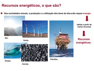 Recursos energéticos, o que são?
Nas sociedades actuais, a produção e a utilização dos bens do dia-a-dia requer energia.

obtida a partir de
vários recursos

Sol.

Recursos
energéticos

Vento.

Petróleo.

Ondas.
Carvão.

 