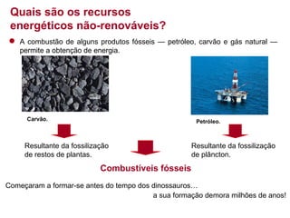Quais são os recursos
energéticos não-renováveis?
A combustão de alguns produtos fósseis — petróleo, carvão e gás natural —
permite a obtenção de energia.

Carvão.

Petróleo.

Resultante da fossilização
de restos de plantas.

Resultante da fossilização
de plâncton.

Combustíveis fósseis
Começaram a formar-se antes do tempo dos dinossauros…
a sua formação demora milhões de anos!

 
