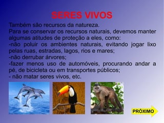 SERES VIVOS 
Também são recursos da natureza. 
Para se conservar os recursos naturais, devemos manter 
algumas atitudes de proteção a eles, como: 
-não poluir os ambientes naturais, evitando jogar lixo 
pelas ruas, estradas, lagos, rios e mares; 
-não derrubar árvores; 
-fazer menos uso de automóveis, procurando andar a 
pé, de bicicleta ou em transportes públicos; 
- não matar seres vivos, etc. 
PRÓXIMO 
 