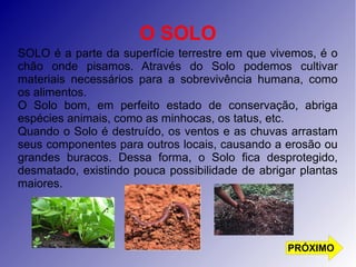 O SOLO 
SOLO é a parte da superfície terrestre em que vivemos, é o 
chão onde pisamos. Através do Solo podemos cultivar 
materiais necessários para a sobrevivência humana, como 
os alimentos. 
O Solo bom, em perfeito estado de conservação, abriga 
espécies animais, como as minhocas, os tatus, etc. 
Quando o Solo é destruído, os ventos e as chuvas arrastam 
seus componentes para outros locais, causando a erosão ou 
grandes buracos. Dessa forma, o Solo fica desprotegido, 
desmatado, existindo pouca possibilidade de abrigar plantas 
maiores. 
PRÓXIMO 
 