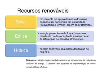 Recursos renováveis
• proveniente do aproveitamento dos raios
podendo ser convertida em eletricidade
(fotovoltaica e térmica) ou em calor (térmica).
Solar
• energia proveniente da força do vento e
resultante da deslocação de massas de ar,
às diferenças de pressão atmosférica.
Eólica
• energia renovável resultante dos fluxos de
nos rios.Hídrica
Dinamarca - primeira nação mundial a assumir um compromisso de redução no
consumo de energia. O governo tem apostado na implementação de novas
centrais eólicas off-shore.
 