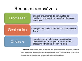 Recursos renováveis
• energia proveniente da combustão de
resíduos da agricultura, pecuária, floresta e
indústrias.
Biomassa
• energia renovável com fonte no calor interno
Terra.Geotérmica
• energia gerada pela movimentação das
pela diferença de amplitude entre marés,
produzindo trabalho mecânico, gera
Ondas e
Alemanha - com pouco mais de metade das horas de sol em relação a Portugal,
tem hoje mais potência instalada em energia solar fotovoltaica do que toda a
Europa, tornando-se o líder do mercado mundial desta área.
 